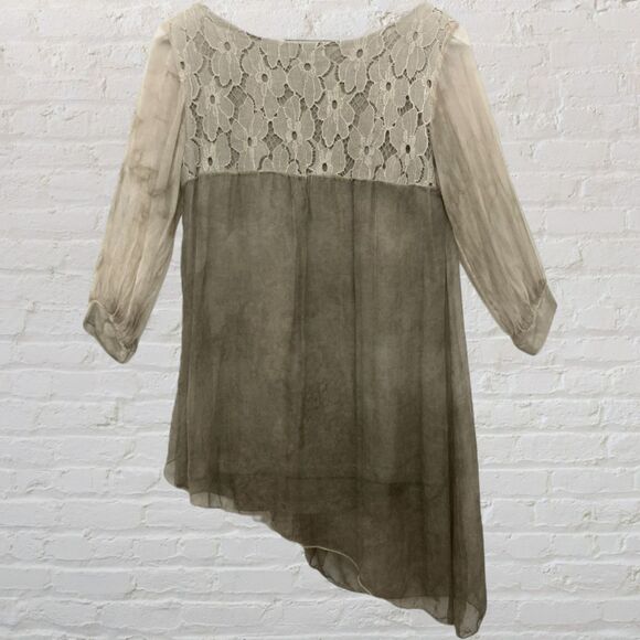 H Trend Italy Silk Lace Blouse S Beige Asymmetric Hem Made in Italy - Picture 3 of 14